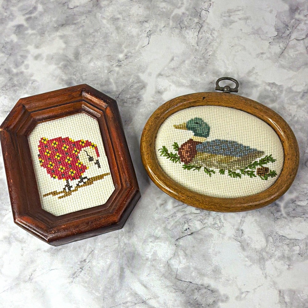 Lot of 2 vintageFramed Cross Stitch Pieces Bird & Duck Wooden Frames cottagecore
